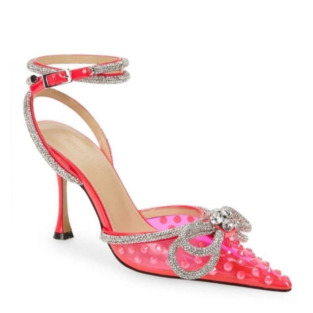 Mach & Mach Double Bow Rhinestone Stiletto Heels Pink Sz 37‎ US 7